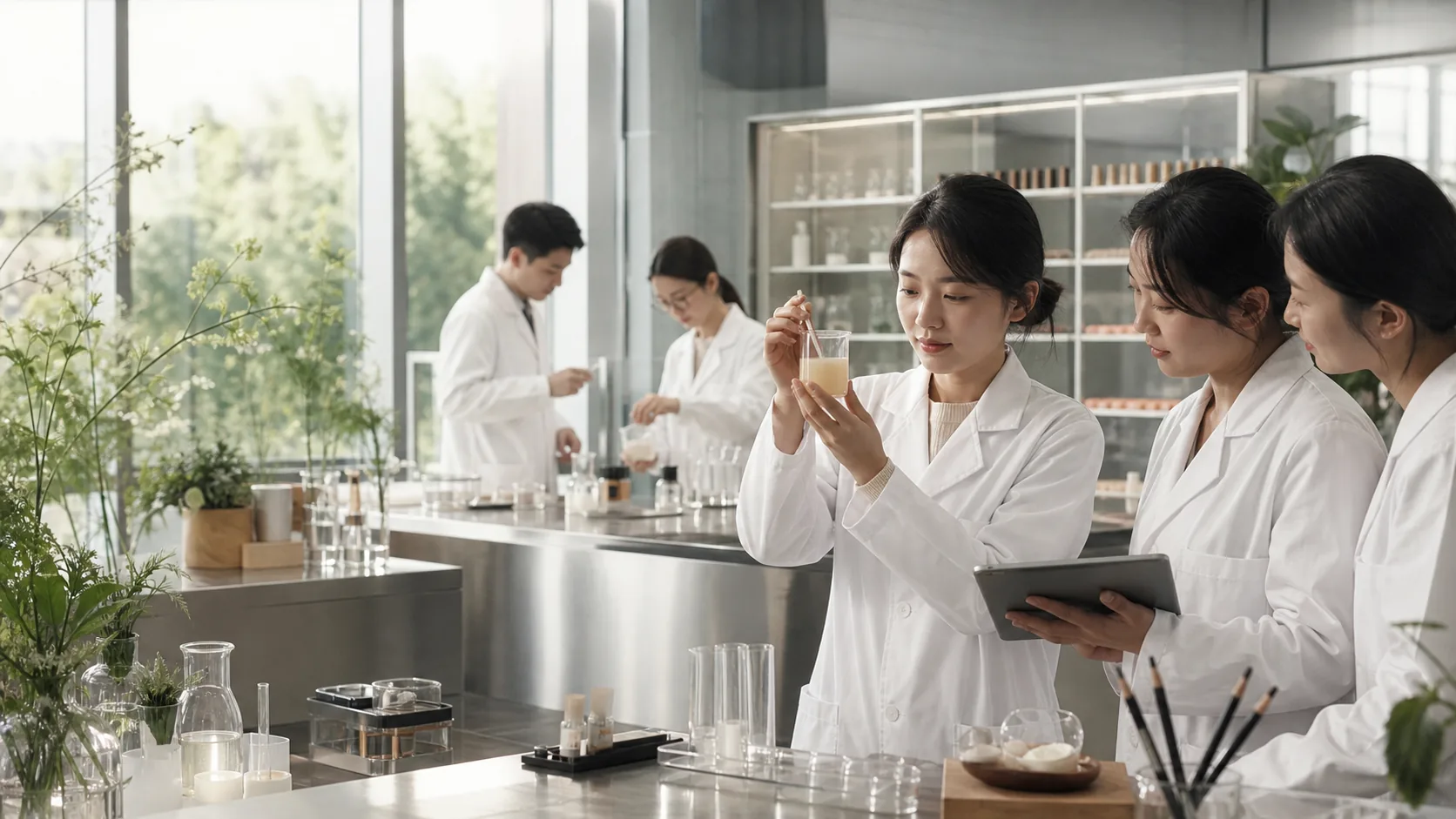 Ethical cosmetics manufacturer team developing a clean beauty formula at Bijiang