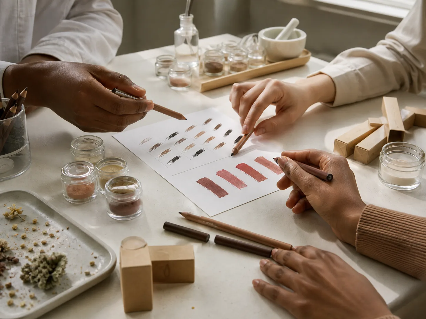 Professionals comparing inclusive cosmetic shades and responsible packaging materials
